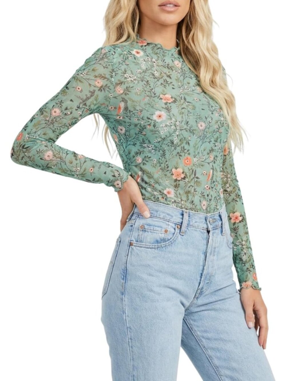 Womens Emerald Green Finch Print  Mesh Stretchy Blouse Tops Long Sleeve Shirt - Picture 2 of 4